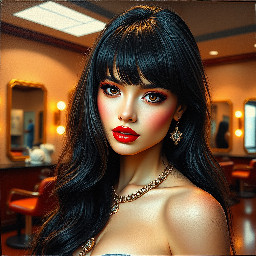 glamorous bimbo, bright makeup, long layered haircut with side-swept bangs. jewelry, jewelry. attractive languid look, big bust. stockings, boots. a large room. an emotion generator. saturated colors. high detail. high contrast. quality 8k subtle sensual editorial mood, confident feminine energy. hair salon photography, ultra detailed hair texture, beauty hair shot