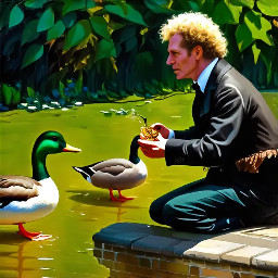 Crowley and Aziraphale from Good Omens in St James's Park feeding the ducks. It is an uncomfortably hot summer day. The ducks are too hot to move and are ignoring them. Crowley is dressed like a streetwalker. Aziraphale is wearing shabby second-hand clothes - a shirt, trousers, bowtie and Oxford shoes. Crowley has a bag of frozen peas that has melted in his pocket, making a large wet patch on his jacket. Aziraphale has by his feet a battered-looking picnic basket and rug with strawberry pattern.