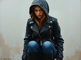 girl in black closed full leather hood and collar wearing black leather biker jacket tight blue denim jeans and black original tall hunter wellies. she is outside and the ground is wet