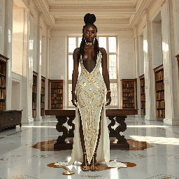 Ultra-detailed full body cinematic masterpiece, 8K, hyper-realistic shot low-angle below eye level at her waist looking up she's in the centre directly facing the camera lit by very faint sunlight. a graceful regal cute athletic voluptuous 20 year old East African Nubian/Habesha mixed princess standing in a vast white marble modern grand hall/library. She has thick elegant upswept bun long vellus dreadlocks loose locks framing her face with gold trinkets & radiant sweaty tanned dark cacao ebony skin. She has large bright regal hazel eyes framed with dark smoky eyeliner and pale shimmering gold eyeshadow & dark plum lipstick on her upper lip with a lighter plum tone on the lower lip. She wears a fitted very thin white chiffon silk halter bodice with a very deep plunging neckline & back and aa ankle-length flowing ribbon train made of two ribbon panels with dual wide symmetrical torso length splits along each leg, the dress has fine intricate angular shimmering gold symmetrical geometric pattern. Her jewelry is an elaborate black lace choker, gold circlet, earrings, chains, bracelets, armbands & anklets and elegant ivory & gold high stiletto shoes & glasses. She stands & leans back on a large ornate dark oak table eyes fixed on the camera. She has gold linear geometric patterns painted on her arms & shoulders. there's a puddle of water on the floor from her dripping wet dress. The setting is a grand sunlit white marble hall with tall soaring ceilings & grand white marble walls with towering dark wood shelves of books, a floor to ceiling rectangular-glass tinted window behind her with a polished patterned marble floor, casting warm amber diffused light and soft rim lighting around her silhouette. light rays cascade from the continuous glass windows near the ceiling refracting off the mild volumetric fog & dust in the room. The mood is bright, powerful & cinematic.  Palette of gold, white, ivory and amber.  Style: hyper-realistic & candid with afternoon sunlight in the grand space, diffused incandescent amber light, high detail, textures, no harsh direct bright light on the subject just warm refracted tones