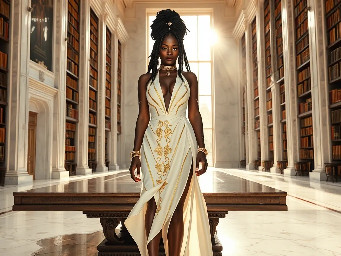 Ultra-detailed full body cinematic masterpiece, 8K, hyper-realistic shot low-angle below eye level at her waist looking up she's in the centre directly facing the camera lit by very faint sunlight. a graceful regal cute athletic voluptuous 20 year old East African Nubian/Habesha mixed princess standing in a vast white marble modern grand hall/library. She has thick elegant upswept bun long vellus dreadlocks loose locks framing her face with gold trinkets & radiant sweaty tanned dark cacao ebony skin. She has large bright regal hazel eyes framed with dark smoky eyeliner and pale shimmering gold eyeshadow & dark plum lipstick on her upper lip with a lighter plum tone on the lower lip. She wears a fitted very thin white chiffon silk halter bodice with a very deep plunging neckline & back and aa ankle-length flowing ribbon train made of two ribbon panels with dual wide symmetrical torso length splits along each leg, the dress has fine intricate angular shimmering gold symmetrical geometric pattern. Her jewelry is an elaborate black lace choker, gold circlet, earrings, chains, bracelets, armbands & anklets and elegant ivory & gold high stiletto shoes & glasses. She stands & leans back on a large ornate dark oak table eyes fixed on the camera. She has gold linear geometric patterns painted on her arms & shoulders. there's a puddle of water on the floor from her dripping wet dress. The setting is a grand sunlit white marble hall with tall soaring ceilings & grand white marble walls with towering dark wood shelves of books, a floor to ceiling rectangular-glass tinted window behind her with a polished patterned marble floor, casting warm amber diffused light and soft rim lighting around her silhouette. light rays cascade from the continuous glass windows near the ceiling refracting off the mild volumetric fog & dust in the room. The mood is bright, powerful & cinematic.  Palette of gold, white, ivory and amber.  Style: hyper-realistic & candid with afternoon sunlight in the grand space, diffused incandescent amber light, high detail, textures, no harsh direct bright light on the subject just warm refracted tones