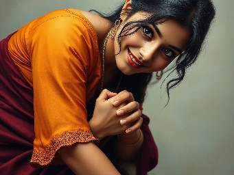 Close-up, intimate portrait of a young woman in traditional Indian attire leaning forward with hands gently clasped, making direct eye contact and a soft, inviting smile. She wears a warm ochre blouse with three-quarter sleeves and a deep maroon saree draped over her shoulder with delicate lace trim; subtle cleavage visible in a tasteful, non-explicit way. Natural dewy skin, soft makeup emphasizing dark expressive eyes and full brows, long dark hair pulled back loosely with a few face-framing strands. Small pendant necklace and stacked gold bangles add cultural detail. Soft, diffused natural light from the front creates warm highlights and gentle shadows, shallow depth of field for creamy bokeh and a slightly blurred architectural archway background. Frame at medium close-up, eye-level perspective, 35–50mm equivalent, wide aperture (f/1.8–f/2.8), high resolution, filmic color grading with warm tones and subtle contrast, gentle vignette, emphasis on texture of fabric, skin tones, and an intimate, elegant mood. Photorealistic, cinematic portrait.