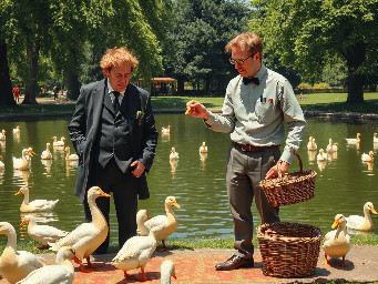 Crowley and Aziraphale from Good Omens in St James's Park feeding the ducks. It is an uncomfortably hot summer day. The ducks are too hot to move and are ignoring them. Crowley is dressed like a streetwalker. Aziraphale is wearing shabby second-hand clothes - a shirt, trousers, bowtie and Oxford shoes. Crowley has a bag of frozen peas that has melted in his pocket, making a large wet patch on his jacket. Aziraphale has by his feet a battered-looking picnic basket and rug with strawberry pattern.