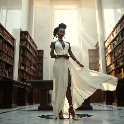Ultra-detailed full body cinematic masterpiece, 8K, hyper-realistic shot low-angle below eye level at her waist looking up she's in the centre directly facing the camera lit by very faint sunlight. a graceful regal cute athletic voluptuous 20 year old East African Nubian/Habesha mixed princess standing in a vast white marble modern grand hall/library. She has thick elegant upswept bun long vellus dreadlocks loose locks framing her face with gold trinkets & radiant sweaty tanned dark cacao ebony skin. She has large bright regal hazel eyes framed with dark smoky eyeliner and pale shimmering gold eyeshadow & dark plum lipstick on her upper lip with a lighter plum tone on the lower lip. She wears a fitted very thin white chiffon silk halter bodice with a very deep plunging neckline & back and aa ankle-length flowing ribbon train made of two ribbon panels with dual wide symmetrical torso length splits along each leg, the dress has fine intricate angular shimmering gold symmetrical geometric pattern. Her jewelry is an elaborate black lace choker, gold circlet, earrings, chains, bracelets, armbands & anklets and elegant ivory & gold high stiletto shoes & glasses. She stands & leans back on a large ornate dark oak table eyes fixed on the camera. She has gold linear geometric patterns painted on her arms & shoulders. there's a puddle of water on the floor from her dripping wet dress. The setting is a grand sunlit white marble hall with tall soaring ceilings & grand white marble walls with towering dark wood shelves of books, a floor to ceiling rectangular-glass tinted window behind her with a polished patterned marble floor, casting warm amber diffused light and soft rim lighting around her silhouette. light rays cascade from the continuous glass windows near the ceiling refracting off the mild volumetric fog & dust in the room. The mood is bright, powerful & cinematic.  Palette of gold, white, ivory and amber.  Style: hyper-realistic & candid with afternoon sunlight in the grand space, diffused incandescent amber light, high detail, textures, no harsh direct bright light on the subject just warm refracted tones