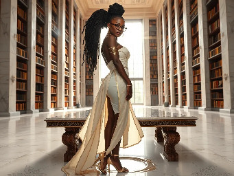 Ultra-detailed full body cinematic masterpiece, 8K, hyper-realistic shot low-angle below eye level at her waist looking up she's in the centre directly facing the camera lit by very faint sunlight. a graceful regal cute athletic voluptuous 20 year old East African Nubian/Habesha mixed princess standing in a vast white marble modern grand hall/library. She has thick elegant upswept bun long vellus dreadlocks loose locks framing her face with gold trinkets & radiant sweaty tanned dark cacao ebony skin. She has large bright regal hazel eyes framed with dark smoky eyeliner and pale shimmering gold eyeshadow & dark plum lipstick on her upper lip with a lighter plum tone on the lower lip. She wears a fitted very thin white chiffon silk halter bodice with a very deep plunging neckline & back and aa ankle-length flowing ribbon train made of two ribbon panels with dual wide symmetrical torso length splits along each leg, the dress has fine intricate angular shimmering gold symmetrical geometric pattern. Her jewelry is an elaborate black lace choker, gold circlet, earrings, chains, bracelets, armbands & anklets and elegant ivory & gold high stiletto shoes & glasses. She stands & leans back on a large ornate dark oak table eyes fixed on the camera. She has gold linear geometric patterns painted on her arms & shoulders. there's a puddle of water on the floor from her dripping wet dress. The setting is a grand sunlit white marble hall with tall soaring ceilings & grand white marble walls with towering dark wood shelves of books, a floor to ceiling rectangular-glass tinted window behind her with a polished patterned marble floor, casting warm amber diffused light and soft rim lighting around her silhouette. light rays cascade from the continuous glass windows near the ceiling refracting off the mild volumetric fog & dust in the room. The mood is bright, powerful & cinematic.  Palette of gold, white, ivory and amber.  Style: hyper-realistic & candid with afternoon sunlight in the grand space, diffused incandescent amber light, high detail, textures, no harsh direct bright light on the subject just warm refracted tones