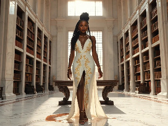 Ultra-detailed full body cinematic masterpiece, 8K, hyper-realistic shot low-angle below eye level at her waist looking up she's in the centre directly facing the camera lit by very faint sunlight. a graceful regal cute athletic voluptuous 20 year old East African Nubian/Habesha mixed princess standing in a vast white marble modern grand hall/library. She has thick elegant upswept bun long vellus dreadlocks loose locks framing her face with gold trinkets & radiant sweaty tanned dark cacao ebony skin. She has large bright regal hazel eyes framed with dark smoky eyeliner and pale shimmering gold eyeshadow & dark plum lipstick on her upper lip with a lighter plum tone on the lower lip. She wears a fitted very thin white chiffon silk halter bodice with a very deep plunging neckline & back and aa ankle-length flowing ribbon train made of two ribbon panels with dual wide symmetrical torso length splits along each leg, the dress has fine intricate angular shimmering gold symmetrical geometric pattern. Her jewelry is an elaborate black lace choker, gold circlet, earrings, chains, bracelets, armbands & anklets and elegant ivory & gold high stiletto shoes & glasses. She stands & leans back on a large ornate dark oak table eyes fixed on the camera. She has gold linear geometric patterns painted on her arms & shoulders. there's a puddle of water on the floor from her dripping wet dress. The setting is a grand sunlit white marble hall with tall soaring ceilings & grand white marble walls with towering dark wood shelves of books, a floor to ceiling rectangular-glass tinted window behind her with a polished patterned marble floor, casting warm amber diffused light and soft rim lighting around her silhouette. light rays cascade from the continuous glass windows near the ceiling refracting off the mild volumetric fog & dust in the room. The mood is bright, powerful & cinematic.  Palette of gold, white, ivory and amber.  Style: hyper-realistic & candid with afternoon sunlight in the grand space, diffused incandescent amber light, high detail, textures, no harsh direct bright light on the subject just warm refracted tones