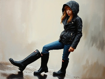 girl in black closed full leather hood and collar wearing black leather biker jacket tight blue denim jeans and black original tall hunter wellies. she is outside and the ground is wet