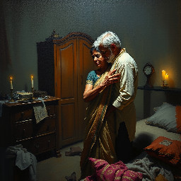 {a dimly lit|a shadow-drenched|a candle-flickering} {bedroom|guest room|private study} where Dheeraj, a {weathered yet alluring|delicate but strong|soft-featured with restless eyes} {45-year-old maid|housemaid in her prime|careworn domestic worker} stands hesitantly near {a mahogany dresser|an antique vanity|a rumpled bed}, her {sari slightly loosened|faded cotton nightgown clinging|work-worn hands trembling} as Vijay, her {broad-shouldered|silver-haired|commanding yet gentle} {56-year-old landlord|unmarried property owner|wealthy recluse}, reaches out to {cup her face|trace her collarbone|pull her close}. The air is thick with {unspoken longing|years of pent-up desire|electric hesitation}, their {age-worn|calloused|desperate} fingers entwining as {a storm rages outside|the grandfather clock chimes midnight|a single tear slips down Dheeraj's cheek}. The scene pulses with {raw, forbidden passion|aching vulnerability|the weight of lifetimes unlived}, their bodies {pressed together in the half-light|collapsing onto tangled sheets|frozen in the moment before surrender}, surrounded by {discarded household items|scattered account ledgers|the faint scent of jasmine oil}. {Oil painting style|film noir lighting|hyperrealistic detail} captures every {wrinkle of tension|fleeting glance|shuddering breath}, as the {cold, dark night|relentless monsoon rain|silent house} bears witness to their {clandestine union|long-awaited release|irrevocable crossing of lines}.