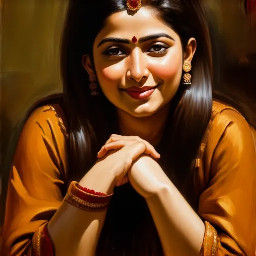 Close-up, intimate portrait of a young woman in traditional Indian attire leaning forward with hands gently clasped, making direct eye contact and a soft, inviting smile. She wears a warm ochre blouse with three-quarter sleeves and a deep maroon saree draped over her shoulder with delicate lace trim; subtle cleavage visible in a tasteful, non-explicit way. Natural dewy skin, soft makeup emphasizing dark expressive eyes and full brows, long dark hair pulled back loosely with a few face-framing strands. Small pendant necklace and stacked gold bangles add cultural detail. Soft, diffused natural light from the front creates warm highlights and gentle shadows, shallow depth of field for creamy bokeh and a slightly blurred architectural archway background. Frame at medium close-up, eye-level perspective, 35–50mm equivalent, wide aperture (f/1.8–f/2.8), high resolution, filmic color grading with warm tones and subtle contrast, gentle vignette, emphasis on texture of fabric, skin tones, and an intimate, elegant mood. Photorealistic, cinematic portrait.