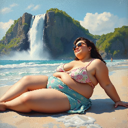 Beautiful chubby girl sunbathing alone on the beach, waterfall in the background