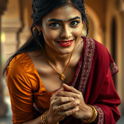 Close-up, intimate portrait of a young woman in traditional Indian attire leaning forward with hands gently clasped, making direct eye contact and a soft, inviting smile. She wears a warm ochre blouse with three-quarter sleeves and a deep maroon saree draped over her shoulder with delicate lace trim; subtle cleavage visible in a tasteful, non-explicit way. Natural dewy skin, soft makeup emphasizing dark expressive eyes and full brows, long dark hair pulled back loosely with a few face-framing strands. Small pendant necklace and stacked gold bangles add cultural detail. Soft, diffused natural light from the front creates warm highlights and gentle shadows, shallow depth of field for creamy bokeh and a slightly blurred architectural archway background. Frame at medium close-up, eye-level perspective, 35–50mm equivalent, wide aperture (f/1.8–f/2.8), high resolution, filmic color grading with warm tones and subtle contrast, gentle vignette, emphasis on texture of fabric, skin tones, and an intimate, elegant mood. Photorealistic, cinematic portrait.