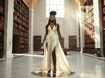 Ultra-detailed full body cinematic masterpiece, 8K, hyper-realistic shot low-angle below eye level at her waist looking up she's in the centre directly facing the camera lit by very faint sunlight. a graceful regal cute athletic voluptuous 20 year old East African Nubian/Habesha mixed princess standing in a vast white marble modern grand hall/library. She has thick elegant upswept bun long vellus dreadlocks loose locks framing her face with gold trinkets & radiant sweaty tanned dark cacao ebony skin. She has large bright regal hazel eyes framed with dark smoky eyeliner and pale shimmering gold eyeshadow & dark plum lipstick on her upper lip with a lighter plum tone on the lower lip. She wears a fitted very thin white chiffon silk halter bodice with a very deep plunging neckline & back and aa ankle-length flowing ribbon train made of two ribbon panels with dual wide symmetrical torso length splits along each leg, the dress has fine intricate angular shimmering gold symmetrical geometric pattern. Her jewelry is an elaborate black lace choker, gold circlet, earrings, chains, bracelets, armbands & anklets and elegant ivory & gold high stiletto shoes & glasses. She stands & leans back on a large ornate dark oak table eyes fixed on the camera. She has gold linear geometric patterns painted on her arms & shoulders. there's a puddle of water on the floor from her dripping wet dress. The setting is a grand sunlit white marble hall with tall soaring ceilings & grand white marble walls with towering dark wood shelves of books, a floor to ceiling rectangular-glass tinted window behind her with a polished patterned marble floor, casting warm amber diffused light and soft rim lighting around her silhouette. light rays cascade from the continuous glass windows near the ceiling refracting off the mild volumetric fog & dust in the room. The mood is bright, powerful & cinematic.  Palette of gold, white, ivory and amber.  Style: hyper-realistic & candid with afternoon sunlight in the grand space, diffused incandescent amber light, high detail, textures, no harsh direct bright light on the subject just warm refracted tones