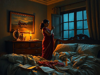 {a dimly lit|a shadow-drenched|a candle-flickering} {bedroom|guest room|private study} where Dheeraj, a {weathered yet alluring|delicate but strong|soft-featured with restless eyes} {45-year-old maid|housemaid in her prime|careworn domestic worker} stands hesitantly near {a mahogany dresser|an antique vanity|a rumpled bed}, her {sari slightly loosened|faded cotton nightgown clinging|work-worn hands trembling} as Vijay, her {broad-shouldered|silver-haired|commanding yet gentle} {56-year-old landlord|unmarried property owner|wealthy recluse}, reaches out to {cup her face|trace her collarbone|pull her close}. The air is thick with {unspoken longing|years of pent-up desire|electric hesitation}, their {age-worn|calloused|desperate} fingers entwining as {a storm rages outside|the grandfather clock chimes midnight|a single tear slips down Dheeraj's cheek}. The scene pulses with {raw, forbidden passion|aching vulnerability|the weight of lifetimes unlived}, their bodies {pressed together in the half-light|collapsing onto tangled sheets|frozen in the moment before surrender}, surrounded by {discarded household items|scattered account ledgers|the faint scent of jasmine oil}. {Oil painting style|film noir lighting|hyperrealistic detail} captures every {wrinkle of tension|fleeting glance|shuddering breath}, as the {cold, dark night|relentless monsoon rain|silent house} bears witness to their {clandestine union|long-awaited release|irrevocable crossing of lines}.