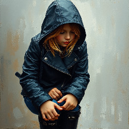 girl in black closed full leather hood and collar wearing black leather biker jacket tight blue denim jeans and black original tall hunter wellies. she is outside and the ground is wet
