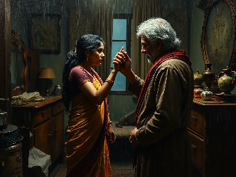 {a dimly lit|a shadow-drenched|a candle-flickering} {bedroom|guest room|private study} where Dheeraj, a {weathered yet alluring|delicate but strong|soft-featured with restless eyes} {45-year-old maid|housemaid in her prime|careworn domestic worker} stands hesitantly near {a mahogany dresser|an antique vanity|a rumpled bed}, her {sari slightly loosened|faded cotton nightgown clinging|work-worn hands trembling} as Vijay, her {broad-shouldered|silver-haired|commanding yet gentle} {56-year-old landlord|unmarried property owner|wealthy recluse}, reaches out to {cup her face|trace her collarbone|pull her close}. The air is thick with {unspoken longing|years of pent-up desire|electric hesitation}, their {age-worn|calloused|desperate} fingers entwining as {a storm rages outside|the grandfather clock chimes midnight|a single tear slips down Dheeraj's cheek}. The scene pulses with {raw, forbidden passion|aching vulnerability|the weight of lifetimes unlived}, their bodies {pressed together in the half-light|collapsing onto tangled sheets|frozen in the moment before surrender}, surrounded by {discarded household items|scattered account ledgers|the faint scent of jasmine oil}. {Oil painting style|film noir lighting|hyperrealistic detail} captures every {wrinkle of tension|fleeting glance|shuddering breath}, as the {cold, dark night|relentless monsoon rain|silent house} bears witness to their {clandestine union|long-awaited release|irrevocable crossing of lines}.