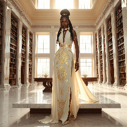 Ultra-detailed full body cinematic masterpiece, 8K, hyper-realistic shot low-angle below eye level at her waist looking up she's in the centre directly facing the camera lit by very faint sunlight. a graceful regal cute athletic voluptuous 20 year old East African Nubian/Habesha mixed princess standing in a vast white marble modern grand hall/library. She has thick elegant upswept bun long vellus dreadlocks loose locks framing her face with gold trinkets & radiant sweaty tanned dark cacao ebony skin. She has large bright regal hazel eyes framed with dark smoky eyeliner and pale shimmering gold eyeshadow & dark plum lipstick on her upper lip with a lighter plum tone on the lower lip. She wears a fitted very thin white chiffon silk halter bodice with a very deep plunging neckline & back and aa ankle-length flowing ribbon train made of two ribbon panels with dual wide symmetrical torso length splits along each leg, the dress has fine intricate angular shimmering gold symmetrical geometric pattern. Her jewelry is an elaborate black lace choker, gold circlet, earrings, chains, bracelets, armbands & anklets and elegant ivory & gold high stiletto shoes & glasses. She stands & leans back on a large ornate dark oak table eyes fixed on the camera. She has gold linear geometric patterns painted on her arms & shoulders. there's a puddle of water on the floor from her dripping wet dress. The setting is a grand sunlit white marble hall with tall soaring ceilings & grand white marble walls with towering dark wood shelves of books, a floor to ceiling rectangular-glass tinted window behind her with a polished patterned marble floor, casting warm amber diffused light and soft rim lighting around her silhouette. light rays cascade from the continuous glass windows near the ceiling refracting off the mild volumetric fog & dust in the room. The mood is bright, powerful & cinematic.  Palette of gold, white, ivory and amber.  Style: hyper-realistic & candid with afternoon sunlight in the grand space, diffused incandescent amber light, high detail, textures, no harsh direct bright light on the subject just warm refracted tones