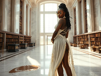Ultra-detailed full body cinematic masterpiece, 8K, hyper-realistic shot low-angle below eye level at her waist looking up she's in the centre directly facing the camera lit by very faint sunlight. a graceful regal cute athletic voluptuous 20 year old East African Nubian/Habesha mixed princess standing in a vast white marble modern grand hall/library. She has thick elegant upswept bun long vellus dreadlocks loose locks framing her face with gold trinkets & radiant sweaty tanned dark cacao ebony skin. She has large bright regal hazel eyes framed with dark smoky eyeliner and pale shimmering gold eyeshadow & dark plum lipstick on her upper lip with a lighter plum tone on the lower lip. She wears a fitted very thin white chiffon silk halter bodice with a very deep plunging neckline & back and aa ankle-length flowing ribbon train made of two ribbon panels with dual wide symmetrical torso length splits along each leg, the dress has fine intricate angular shimmering gold symmetrical geometric pattern. Her jewelry is an elaborate black lace choker, gold circlet, earrings, chains, bracelets, armbands & anklets and elegant ivory & gold high stiletto shoes & glasses. She stands & leans back on a large ornate dark oak table eyes fixed on the camera. She has gold linear geometric patterns painted on her arms & shoulders. there's a puddle of water on the floor from her dripping wet dress. The setting is a grand sunlit white marble hall with tall soaring ceilings & grand white marble walls with towering dark wood shelves of books, a floor to ceiling rectangular-glass tinted window behind her with a polished patterned marble floor, casting warm amber diffused light and soft rim lighting around her silhouette. light rays cascade from the continuous glass windows near the ceiling refracting off the mild volumetric fog & dust in the room. The mood is bright, powerful & cinematic.  Palette of gold, white, ivory and amber.  Style: hyper-realistic & candid with afternoon sunlight in the grand space, diffused incandescent amber light, high detail, textures, no harsh direct bright light on the subject just warm refracted tones