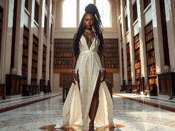 Ultra-detailed full body cinematic masterpiece, 8K, hyper-realistic shot low-angle below eye level at her waist looking up she's in the centre directly facing the camera lit by very faint sunlight. a graceful regal cute athletic voluptuous 20 year old East African Nubian/Habesha mixed princess standing in a vast white marble modern grand hall/library. She has thick elegant upswept bun long vellus dreadlocks loose locks framing her face with gold trinkets & radiant sweaty tanned dark cacao ebony skin. She has large bright regal hazel eyes framed with dark smoky eyeliner and pale shimmering gold eyeshadow & dark plum lipstick on her upper lip with a lighter plum tone on the lower lip. She wears a fitted very thin white chiffon silk halter bodice with a very deep plunging neckline & back and aa ankle-length flowing ribbon train made of two ribbon panels with dual wide symmetrical torso length splits along each leg, the dress has fine intricate angular shimmering gold symmetrical geometric pattern. Her jewelry is an elaborate black lace choker, gold circlet, earrings, chains, bracelets, armbands & anklets and elegant ivory & gold high stiletto shoes & glasses. She stands & leans back on a large ornate dark oak table eyes fixed on the camera. She has gold linear geometric patterns painted on her arms & shoulders. there's a puddle of water on the floor from her dripping wet dress. The setting is a grand sunlit white marble hall with tall soaring ceilings & grand white marble walls with towering dark wood shelves of books, a floor to ceiling rectangular-glass tinted window behind her with a polished patterned marble floor, casting warm amber diffused light and soft rim lighting around her silhouette. light rays cascade from the continuous glass windows near the ceiling refracting off the mild volumetric fog & dust in the room. The mood is bright, powerful & cinematic.  Palette of gold, white, ivory and amber.  Style: hyper-realistic & candid with afternoon sunlight in the grand space, diffused incandescent amber light, high detail, textures, no harsh direct bright light on the subject just warm refracted tones