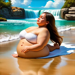 Beautiful chubby girl sunbathing alone on the beach, waterfall in the background
