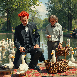 Crowley and Aziraphale from Good Omens in St James's Park feeding the ducks. It is an uncomfortably hot summer day. The ducks are too hot to move and are ignoring them. Crowley is dressed like a streetwalker. Aziraphale is wearing shabby second-hand clothes - a shirt, trousers, bowtie and Oxford shoes. Crowley has a bag of frozen peas that has melted in his pocket, making a large wet patch on his jacket. Aziraphale has by his feet a battered-looking picnic basket and rug with strawberry pattern.